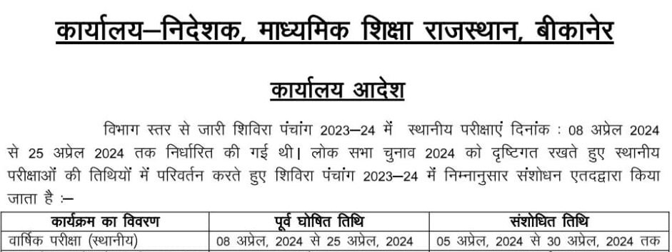 Rajasthan Yearly Exam Time Table
